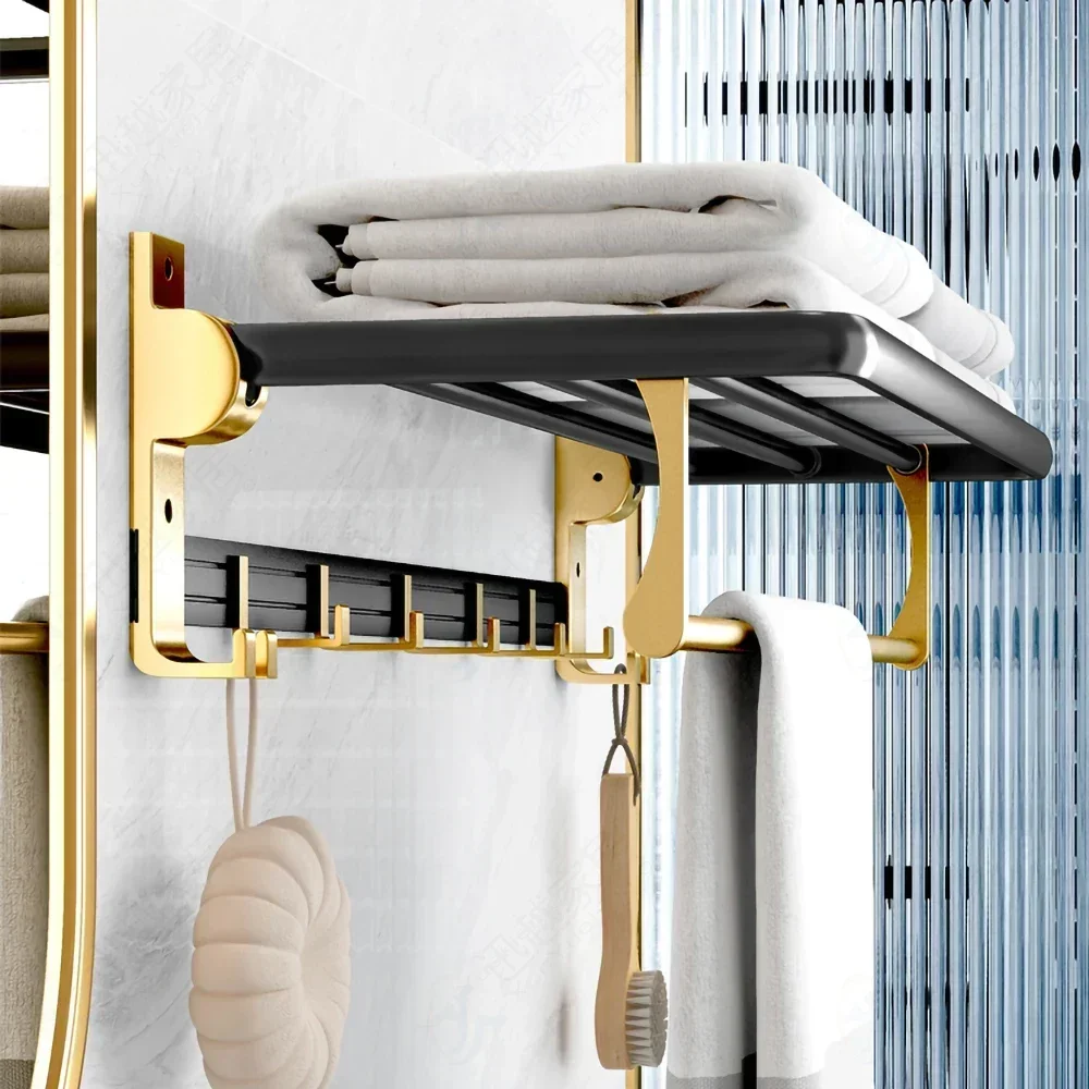 Towel Rack Punching-free Luxury Black Gold Space Aluminium Bathroom Rack Folding Bath Towel Pole Bathroom Accesorios Hardware