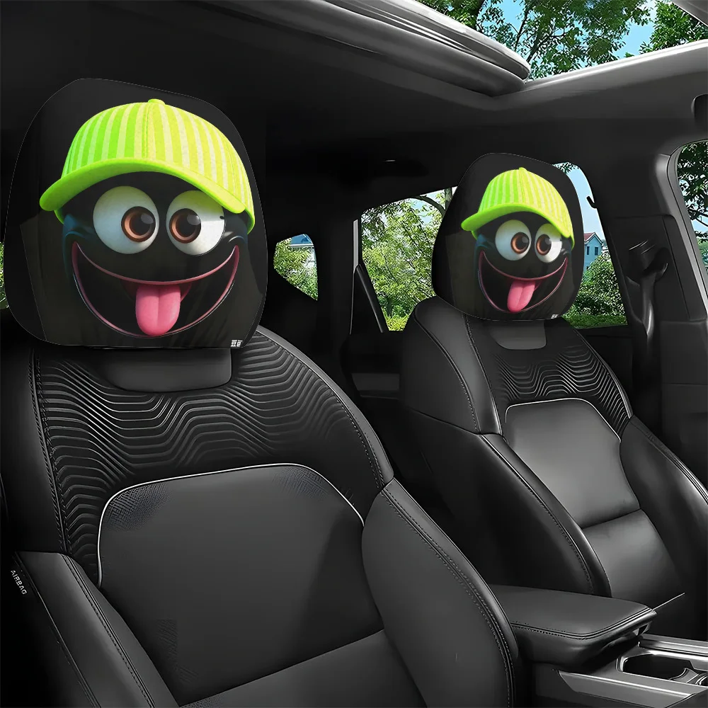 2pcs, Cartoon Big-Eyed Tongue-Out Funny Expression Car Headrest Covers, Interior Decoration, No Internal Filling, Easy To Instal