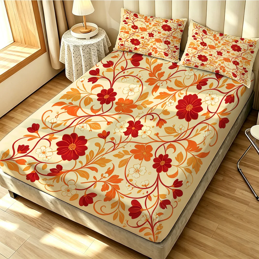 3PCS Retro Red and Gold Floral Vine Bedding Set without a Core, Soft Bedding Set for Bedroom Decoration