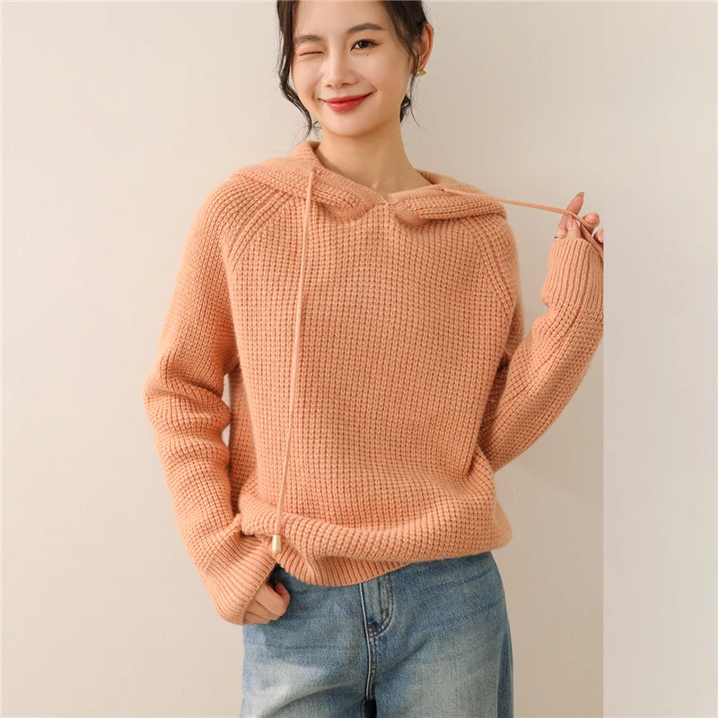 

2025 New Women's Heavyweight Hooded Sweater 100% Merino Wool Warm Pullover Long Sleeve Loose-Fit Cozy Smart Casual
