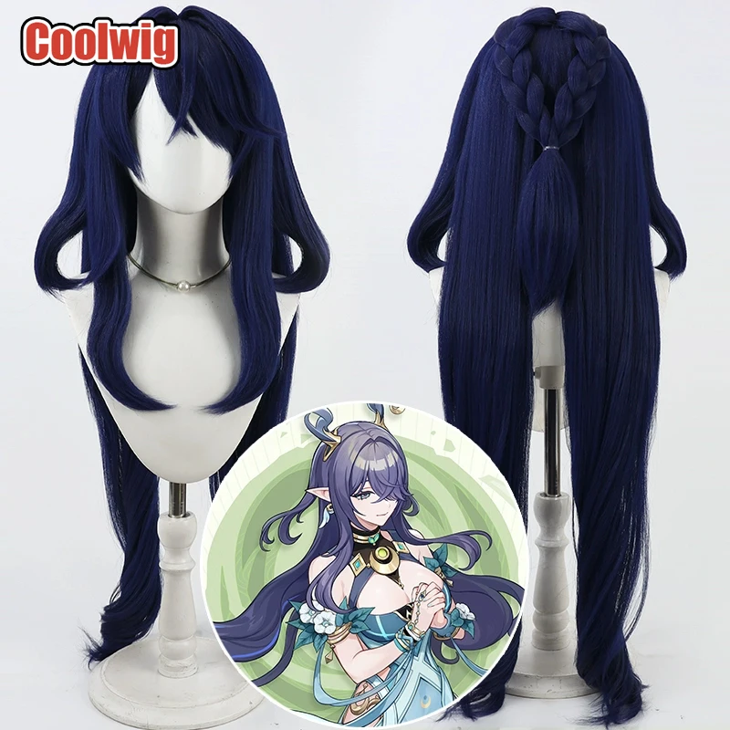 Coolwig Synthetic Hair Lauma Cosplay Wigs Game Genshin Impact Lauma Halloween 90cm Women Long Wavy Dark Blue Wig Heat Resistant