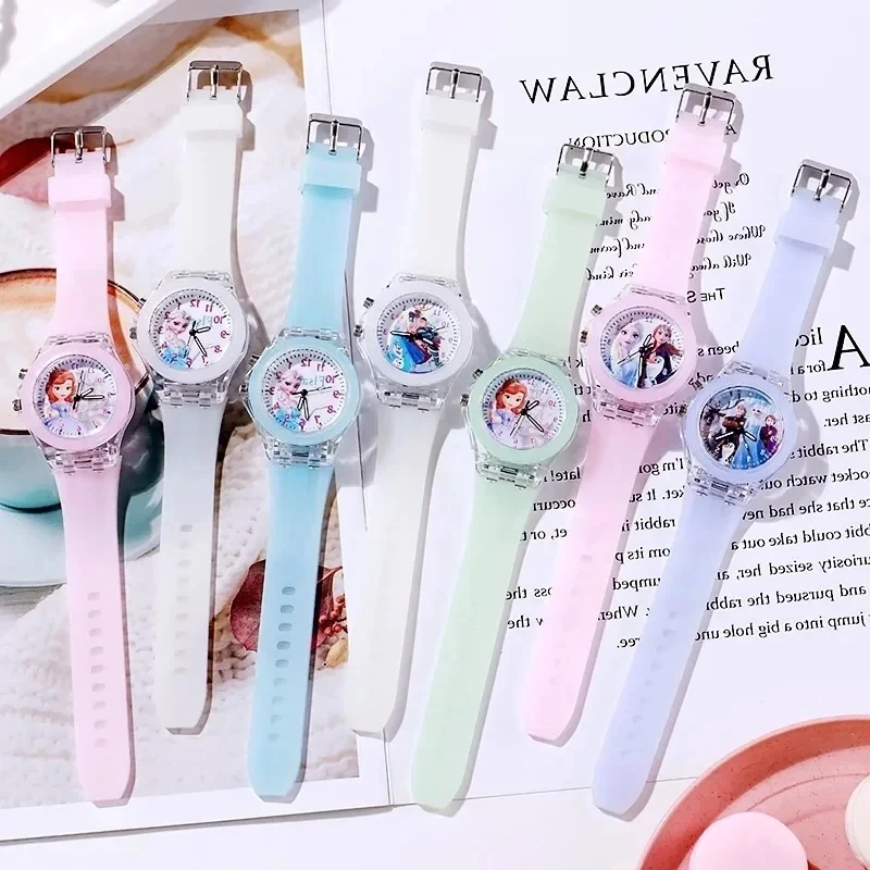 MINISO Disney Children Watch Frozen Princess Pattern Led Glowing Flash Fashion Kids Quartz Wristwatch Christmas Gifts