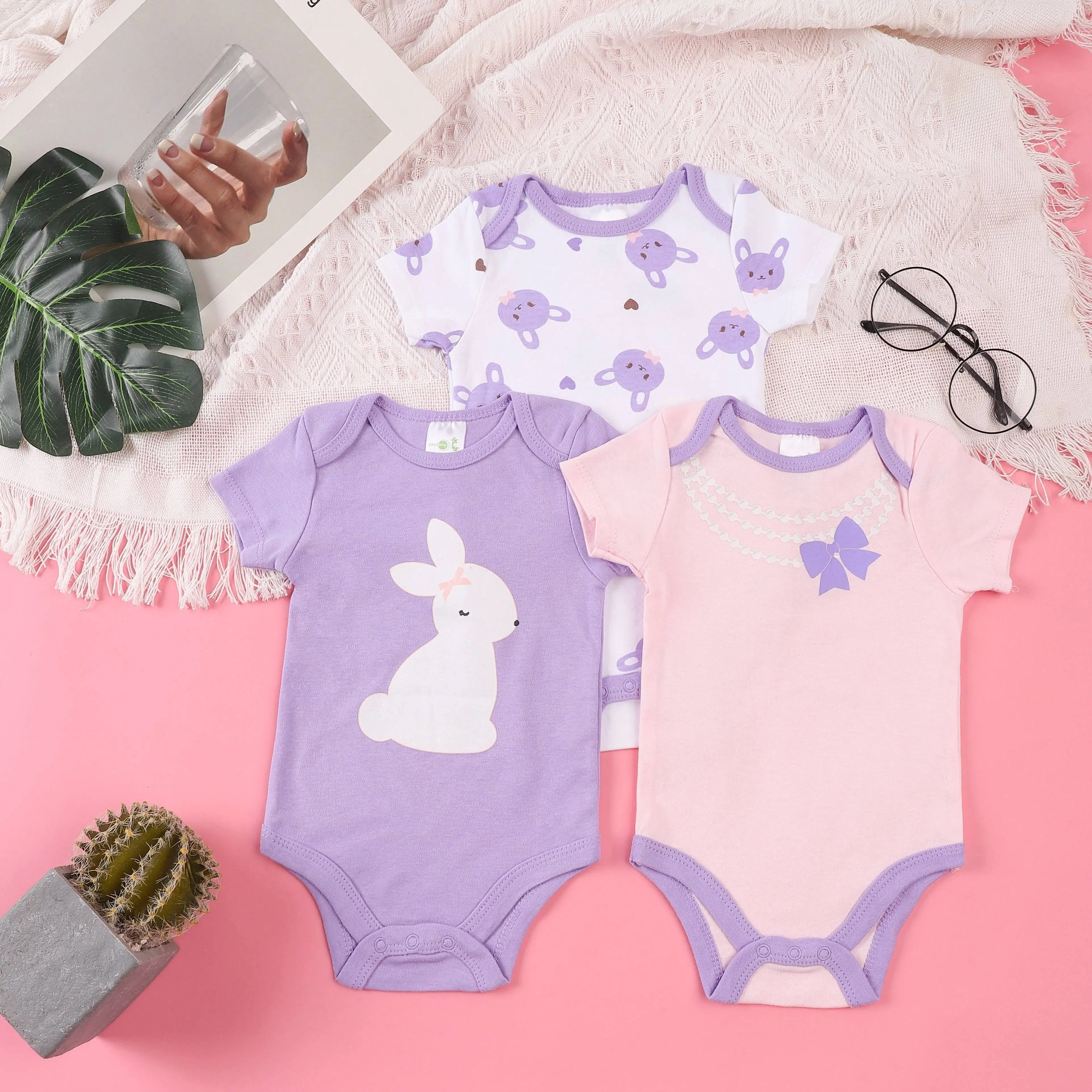 3PCS Summer Boys and Girls Cute Pattern Hoodie Set Short Sleeved Triangle Jumpsuit Newborn Cotton Comfortable Jumpsuit Pajamas