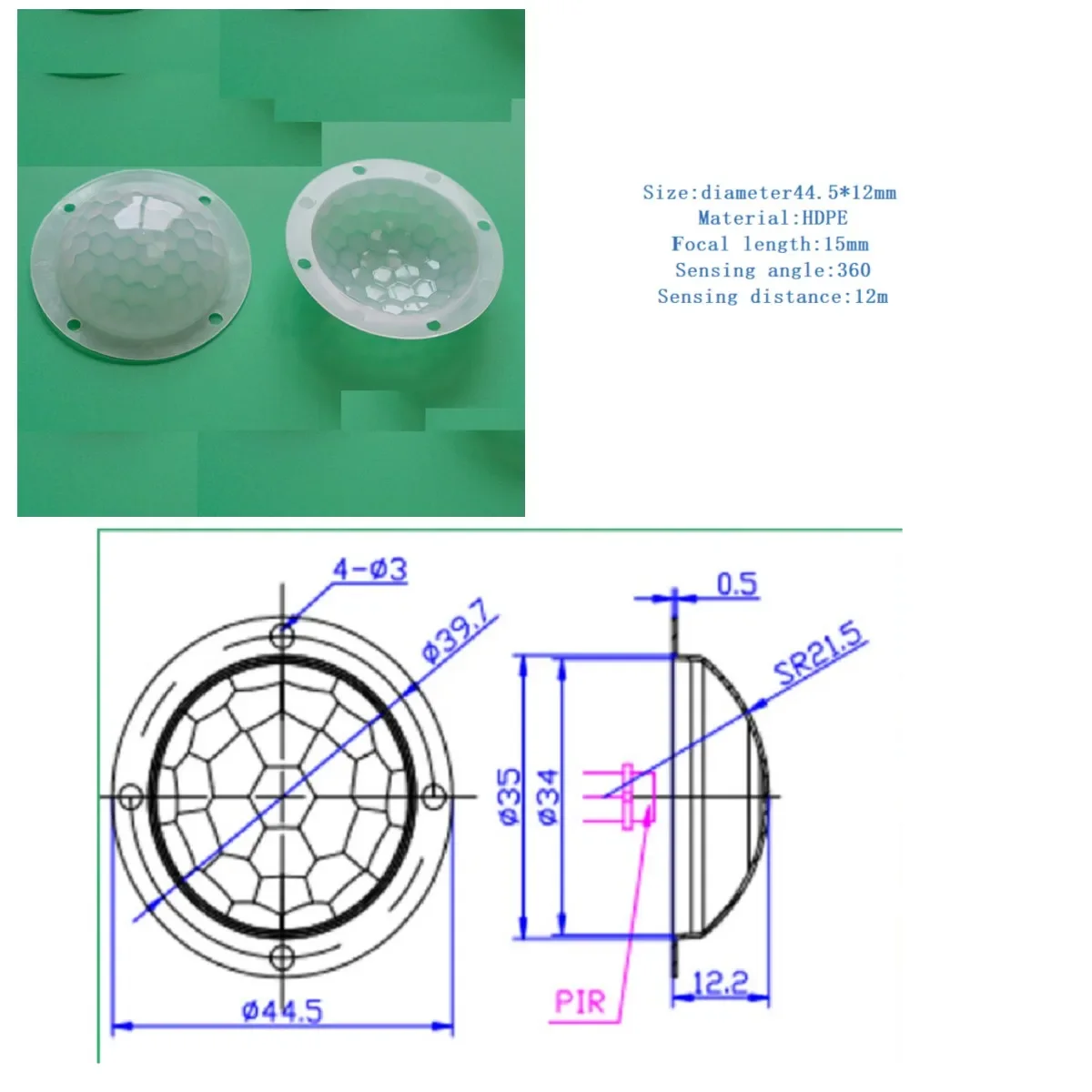 Hat-Shape High Sensitive HDPE Fresnel Lens 12m Sensing Distance PIR Lense for Bioheat Infrared Induction