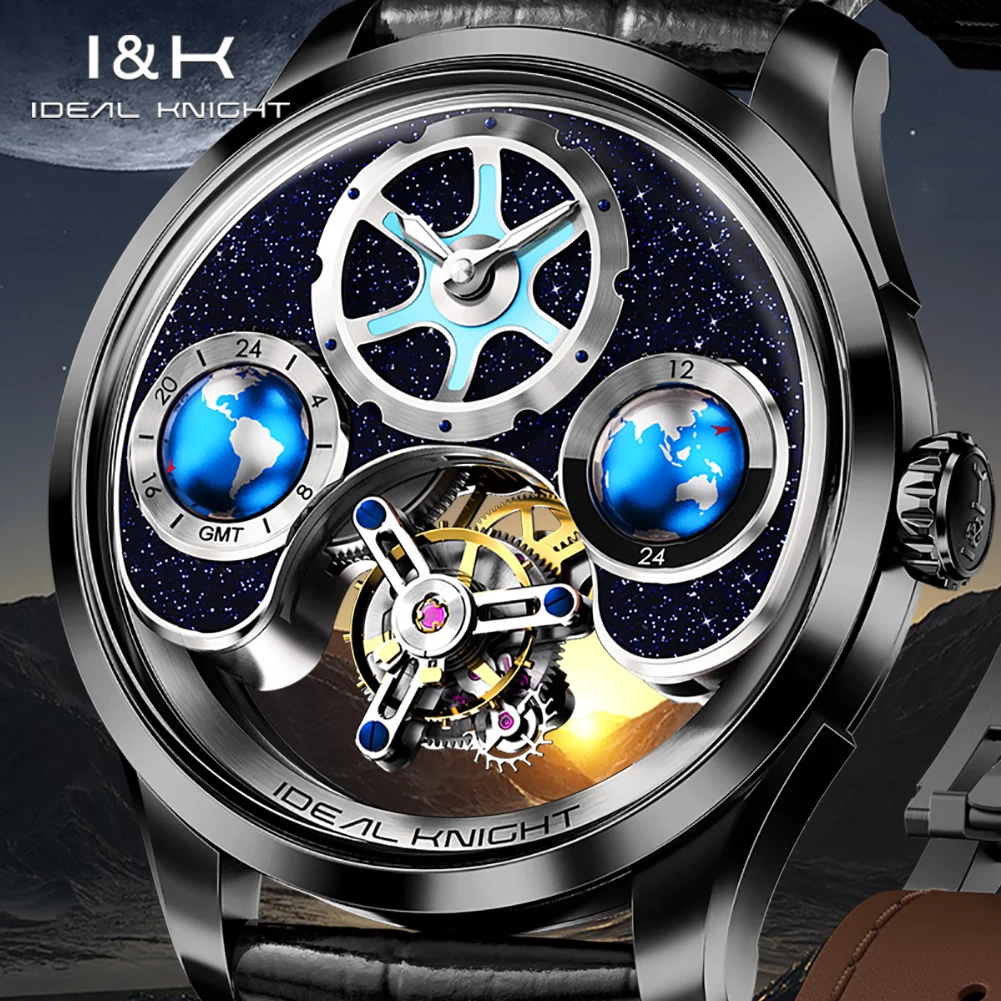 IDEAL KNIGHT 6805 Tourbillon Men's Watch Blue Earth Series Skeleton Top Luxury Men's Watches Automatic Mechanical Watch