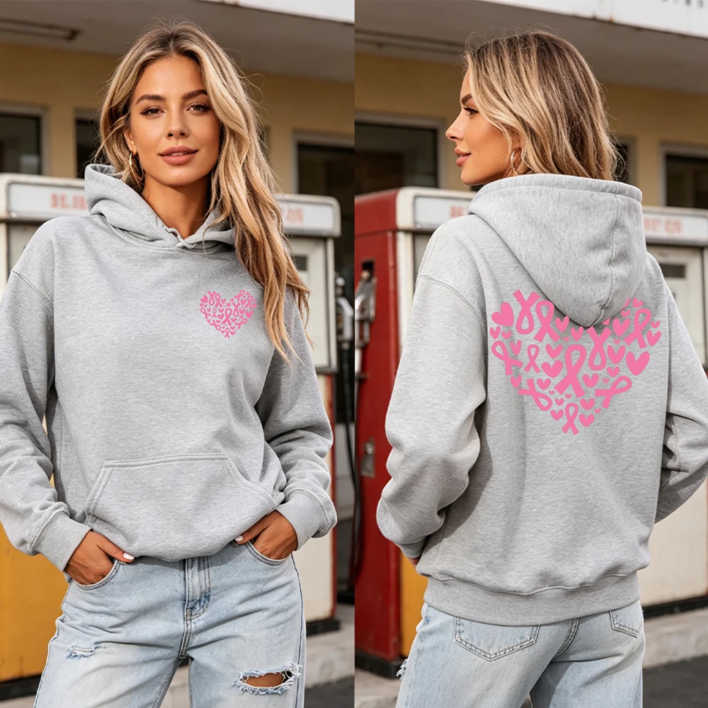 Breast Cancer Awareness Hoodie Pink Ribbon Heart Love Save Lives Survivor Support Men Women Long Sleeve Sweatshirt Cozy Fall Top