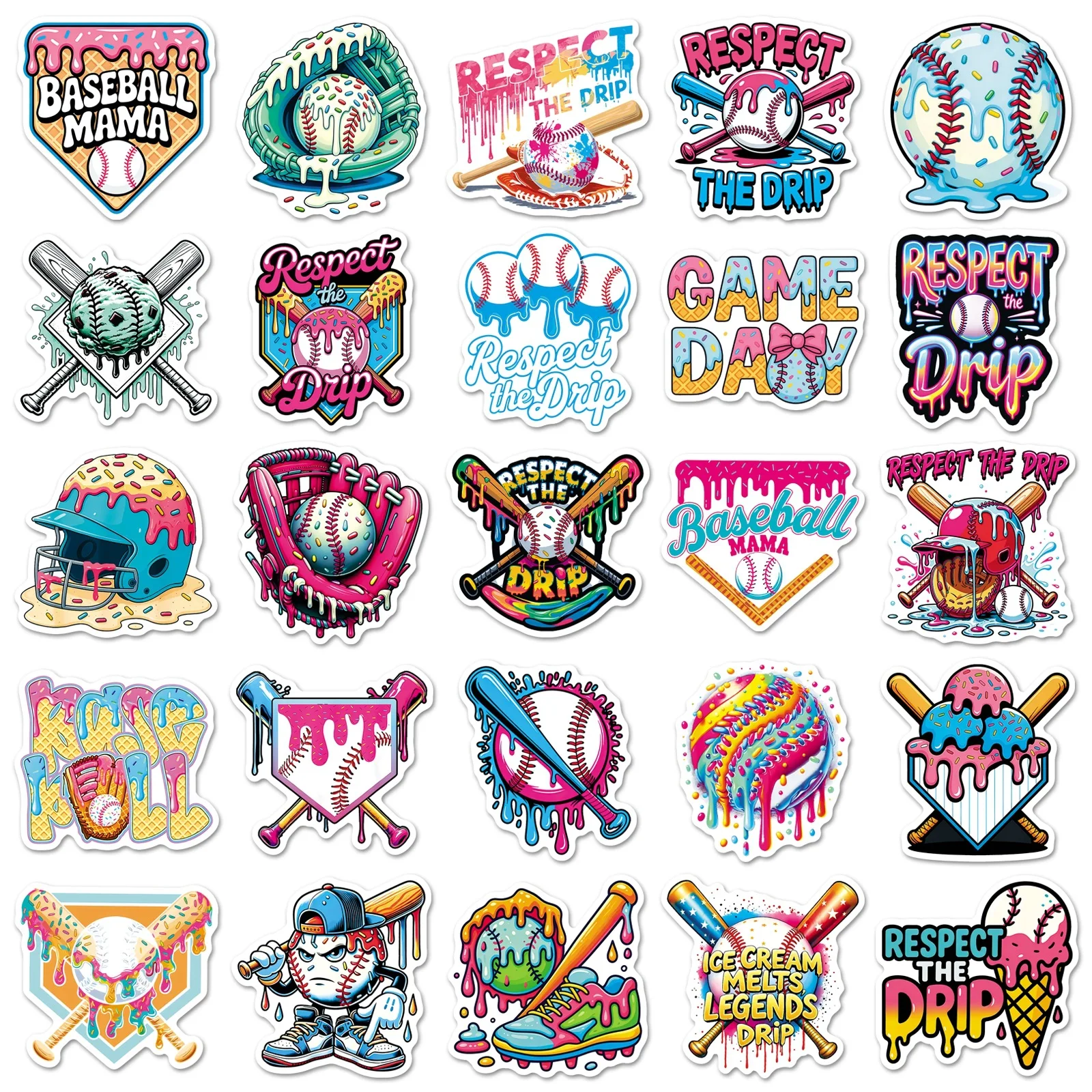 50Pcs Cartoon Drip Baseball Sport Doodle Waterproof Stickers for Phone Skateboard Helmet Reward Journal DIY Decor Decals