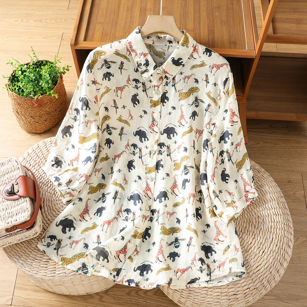 

Elegant Vintage Printed Shirt Jacket Women's Collared Mid-Sleeve Single-Button Cotton Polyester Blend Summer Original Design
