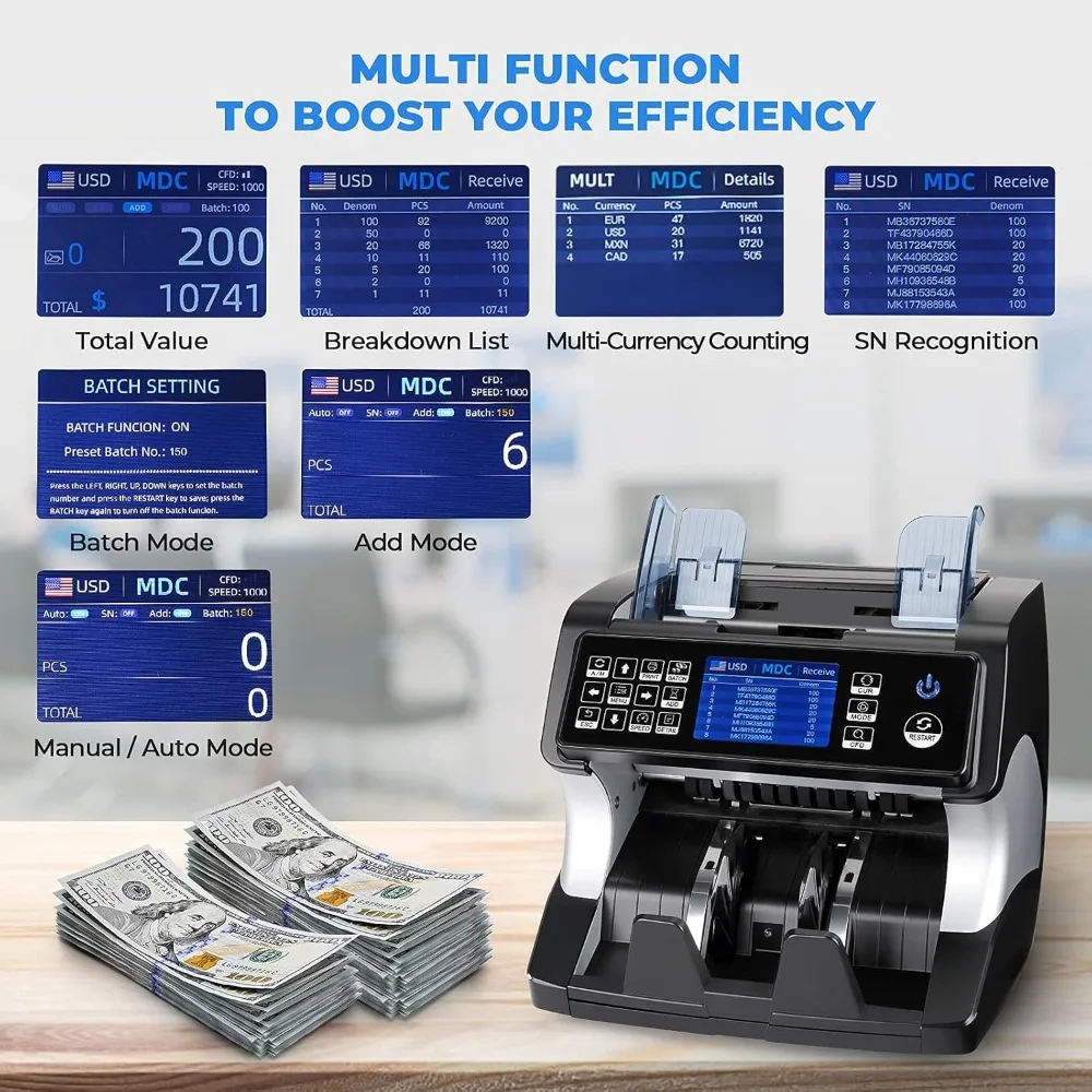 Bank grade cash counter mixed denomination, 2CIS/UV/IR/MG/MT security, serial number
