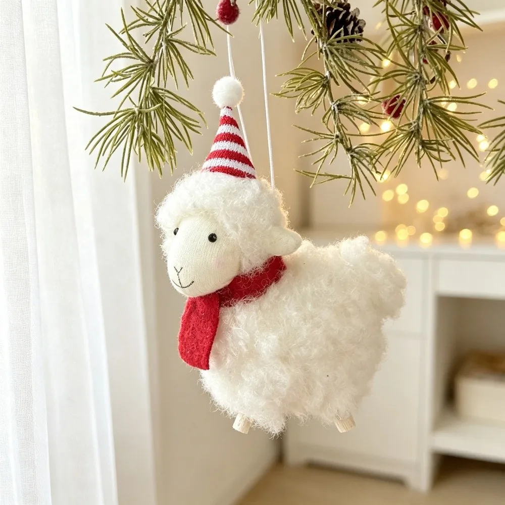 Soft Creative Sheep Cute Scarf Hat Little Lamb Hanging Pendant Curly Fur New Year Xmas Decoration Festive Gift