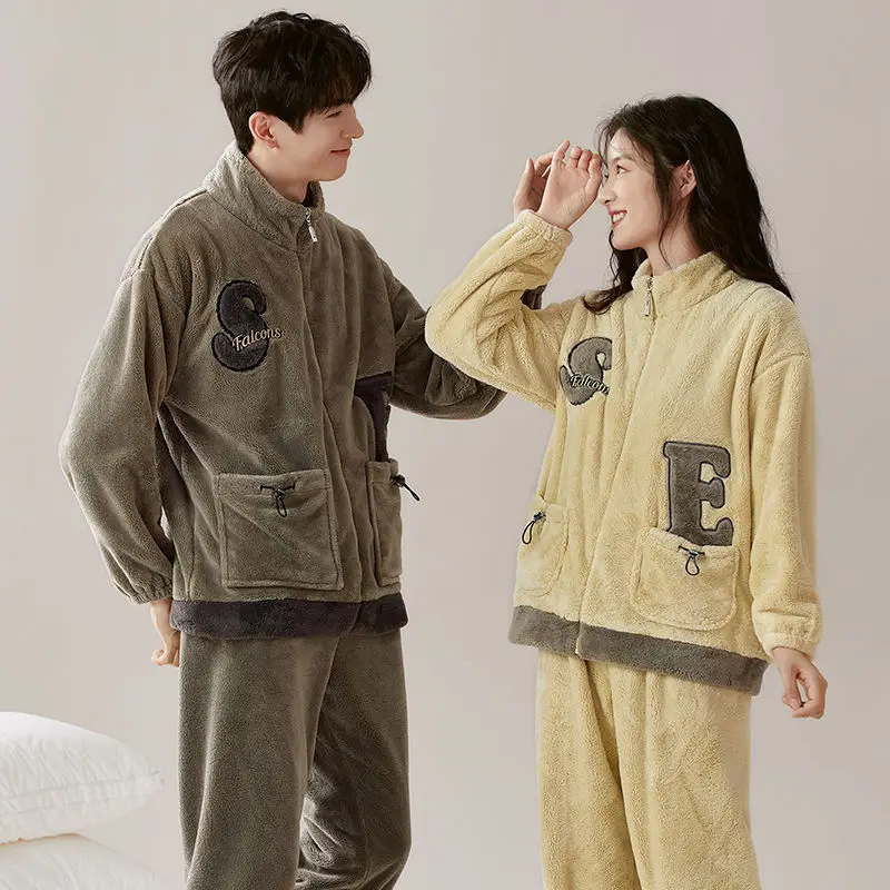 Couple Pajamas Winter New Women Flannel Thickened Fleece Long Sleeves Nightclothes Suit Men Warm Coral Fleece Casual Homewear