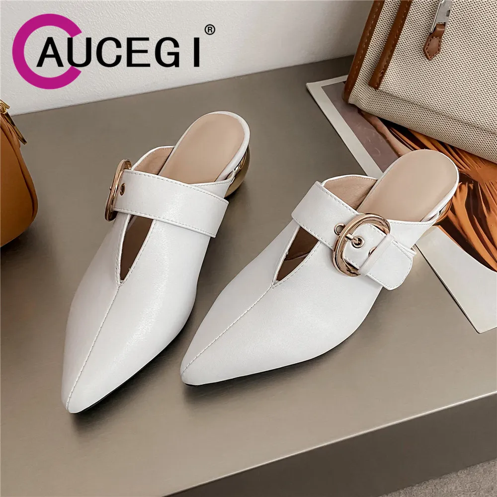 

Aucegi Latest Genuine Leather Pointed Toe Mules Women Buckle Elegant Metal Round Heels Spring Fashion Slip On Comfortable Shoes