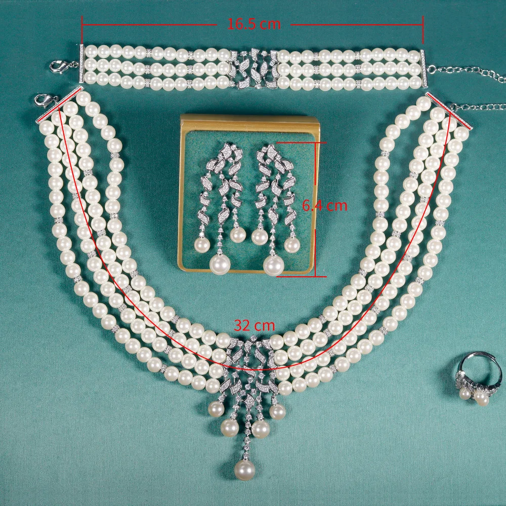 Trendy Choker Imitation Pearl Choker Elegant Cubic Zirconia Necklace 4PCS High Quality Dubai Women Bride Wedding Jewelry
