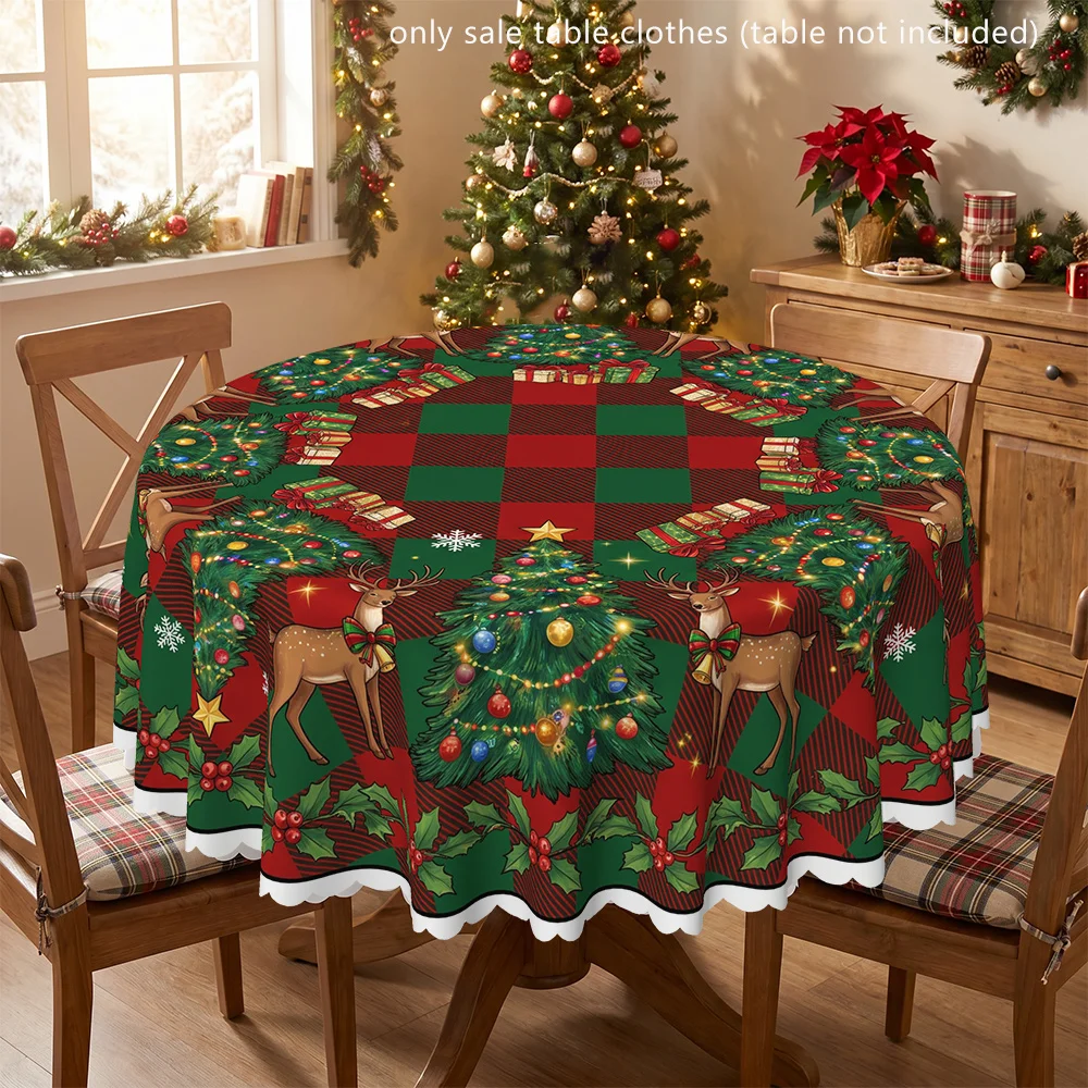 Christmas reindeer and tree polyester printed tablecloth, round table cover, suitable for indoor and outdoor use, parties