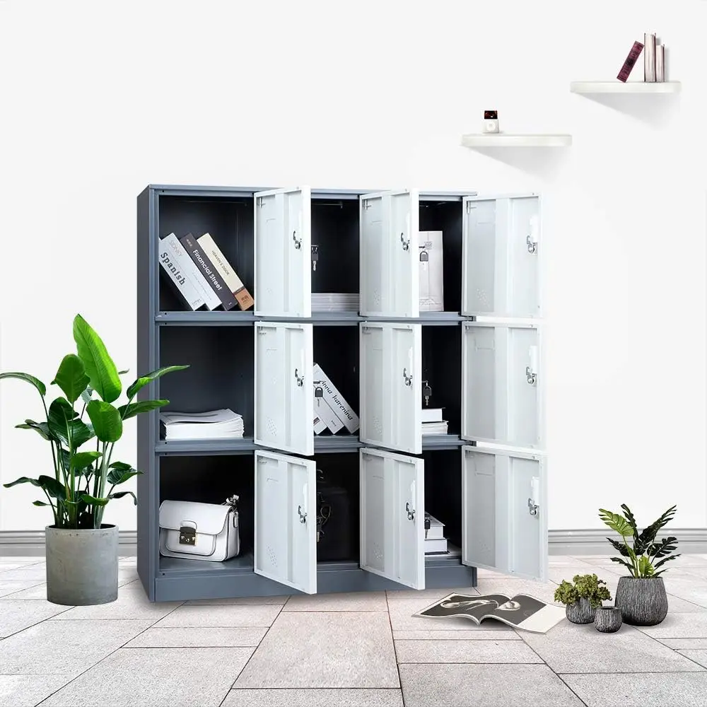 9 Doors Metal Storage Cabinet With Card Slot, Organizer,Shoes And Bags Steel Locker For Office, Home, Bank, School, Gym (Gray)