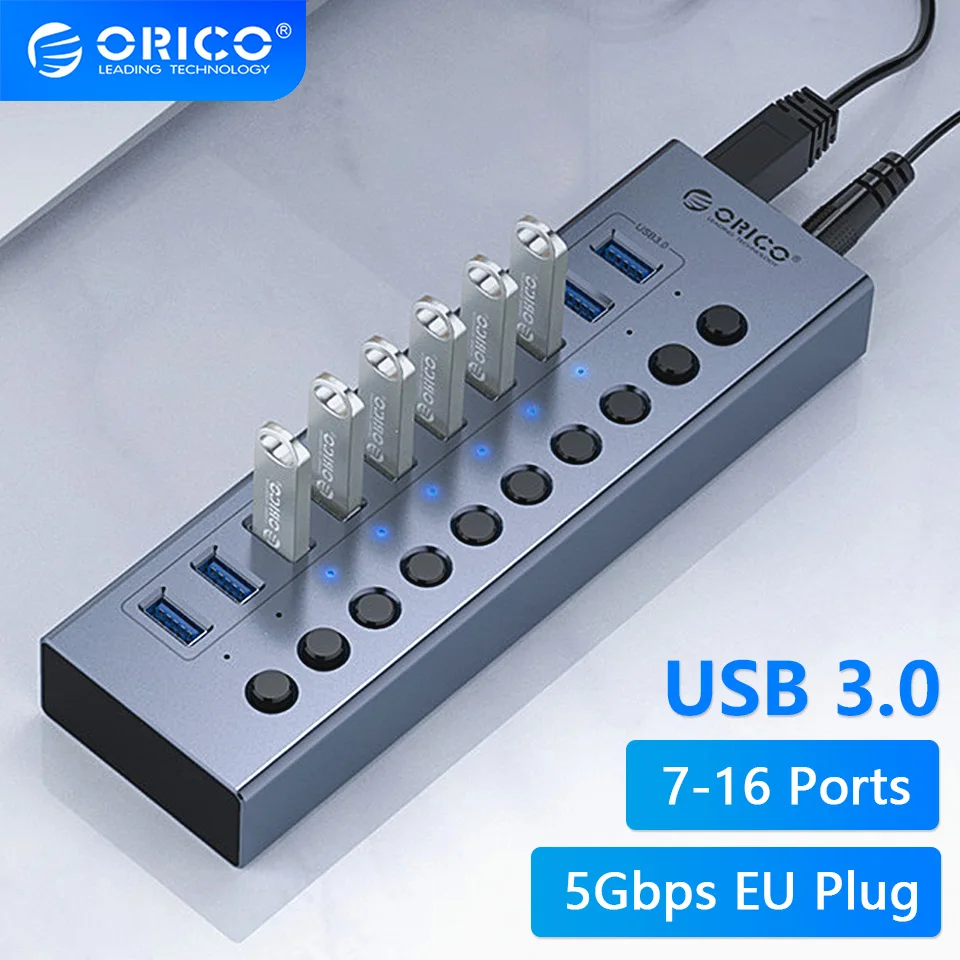 

ORICO Powered USB 3.0 HUB 7/10/13/16 Ports USB Extension with On/Off Switches 12V Adapter Support BC1.2 Charging Splitter For PC