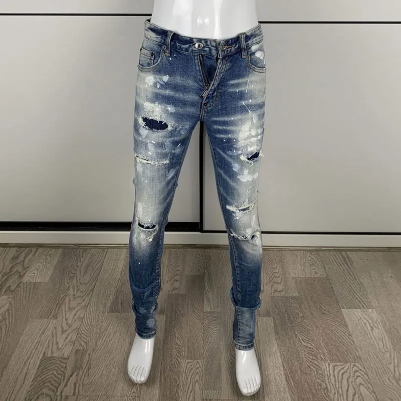 

Street fashion men's jeans retro blue elastic tight tear jeans men's leather splicing designer hip-hop brand pants hombre