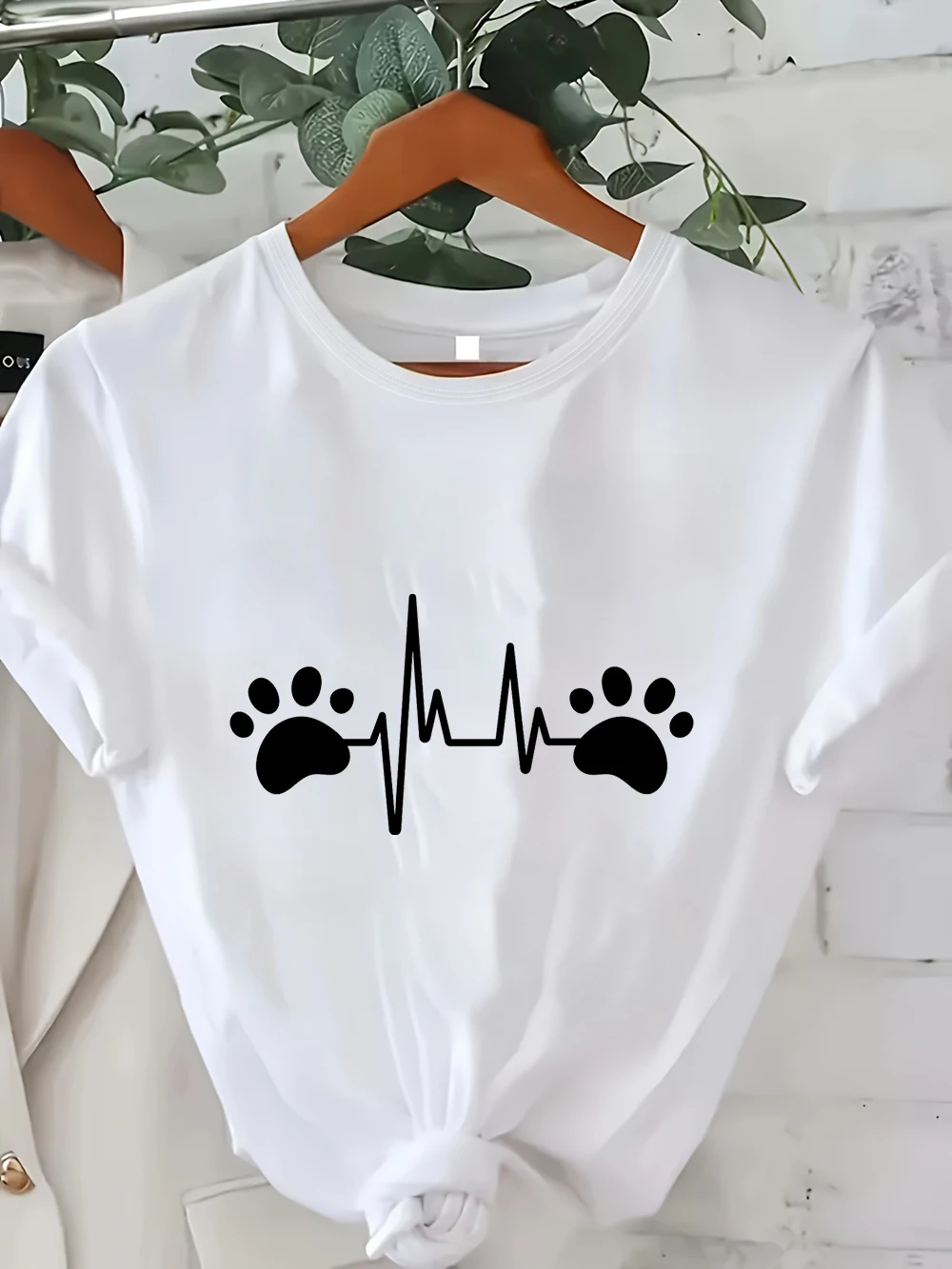 Dog Paw Print Heartbeat T-Shirt, Pet Lover Life Line Graphic Casual Tee, Dog Mom Top  Women T Shirt Y2k Top Gothic Harajuku