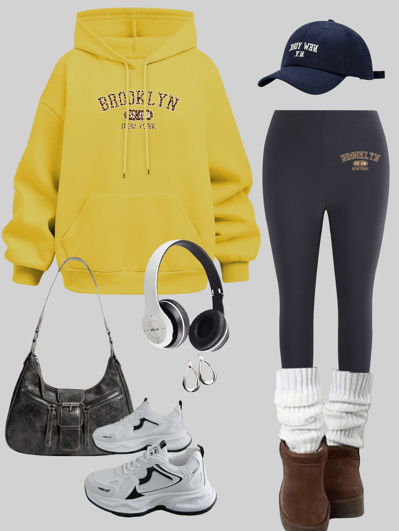 

Brooklyn New York Est.1998 Pattern Hoodies Set Women Pocket Loose Pullovers Fleece elasticity leggings Autumn Thicken Pant Sets