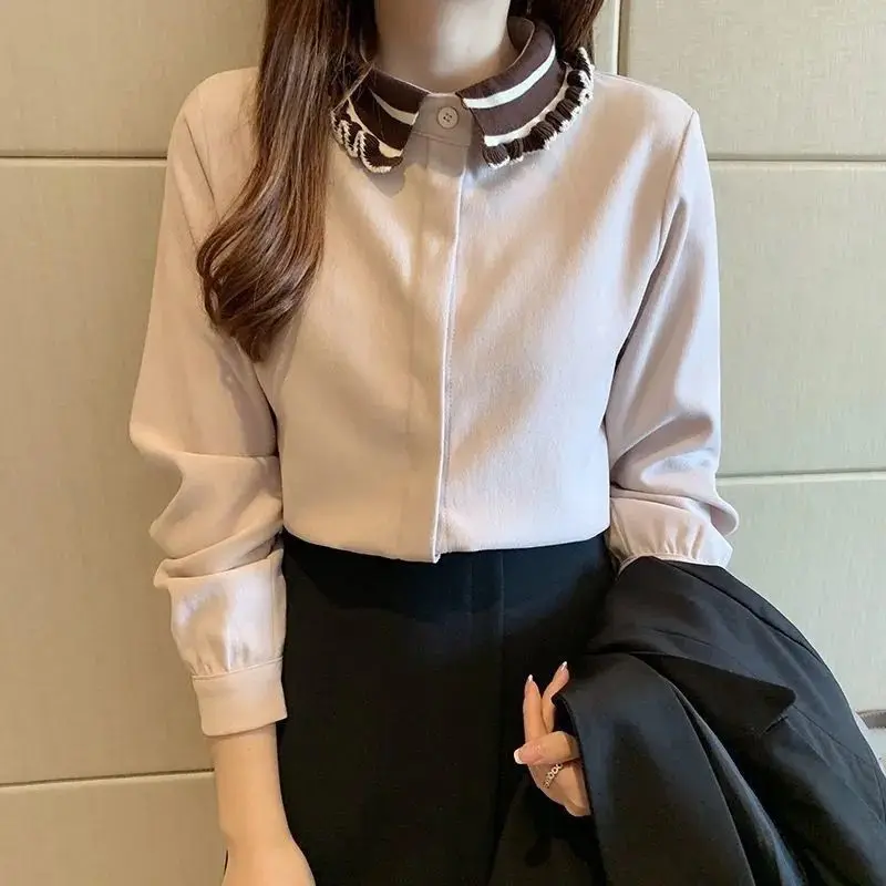 Fashion Peter Pan Collar Spliced Button Bow Blouses Women\'s Clothing 2023 Autumn Winter Loose Casual Pullovers Commuter Shirts