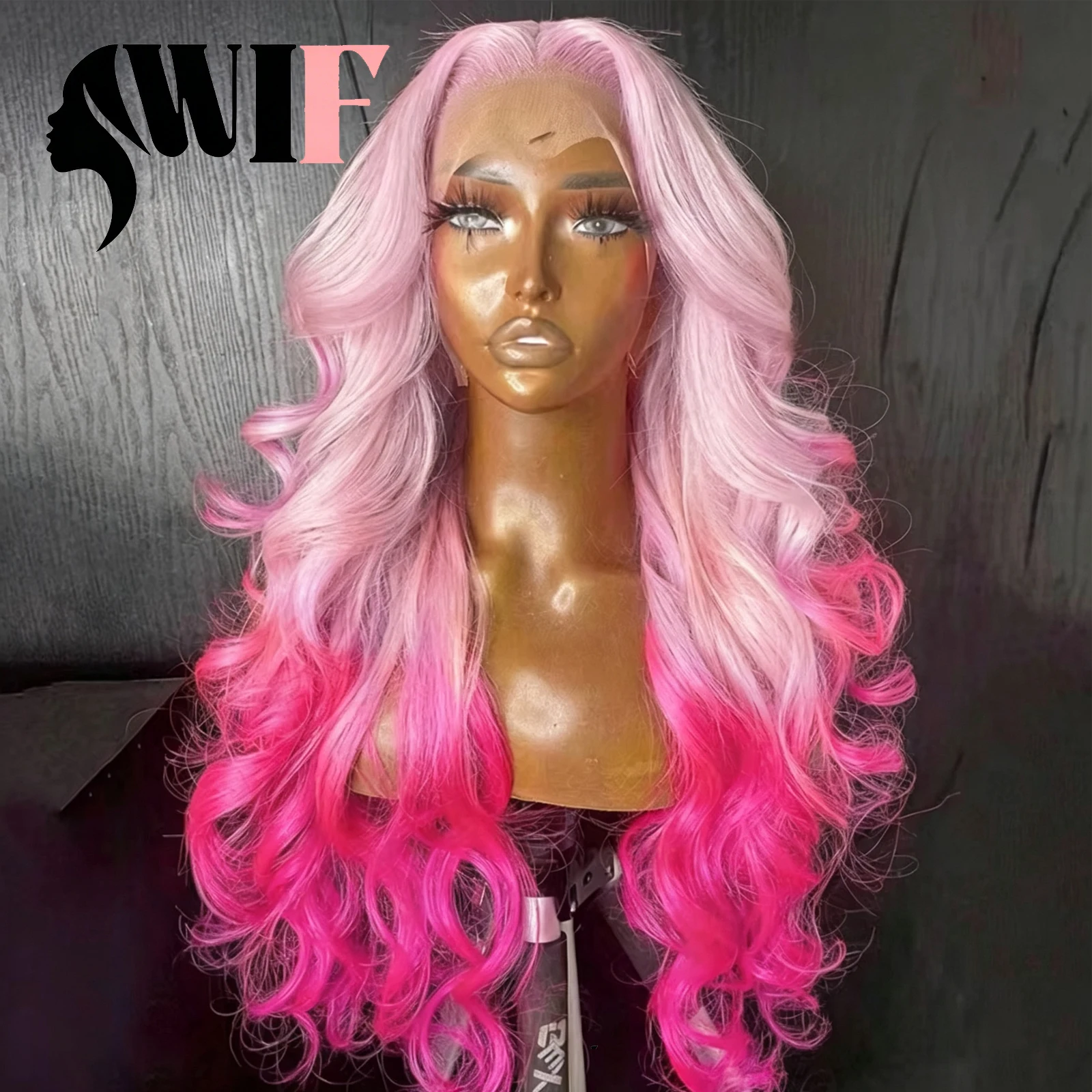 WIF Ombre Pink Wave Hair Synthetic Wig for Women Cosplay Used Body Wave Natural Hairline Lace Front Wigs Light Pink Root Hair