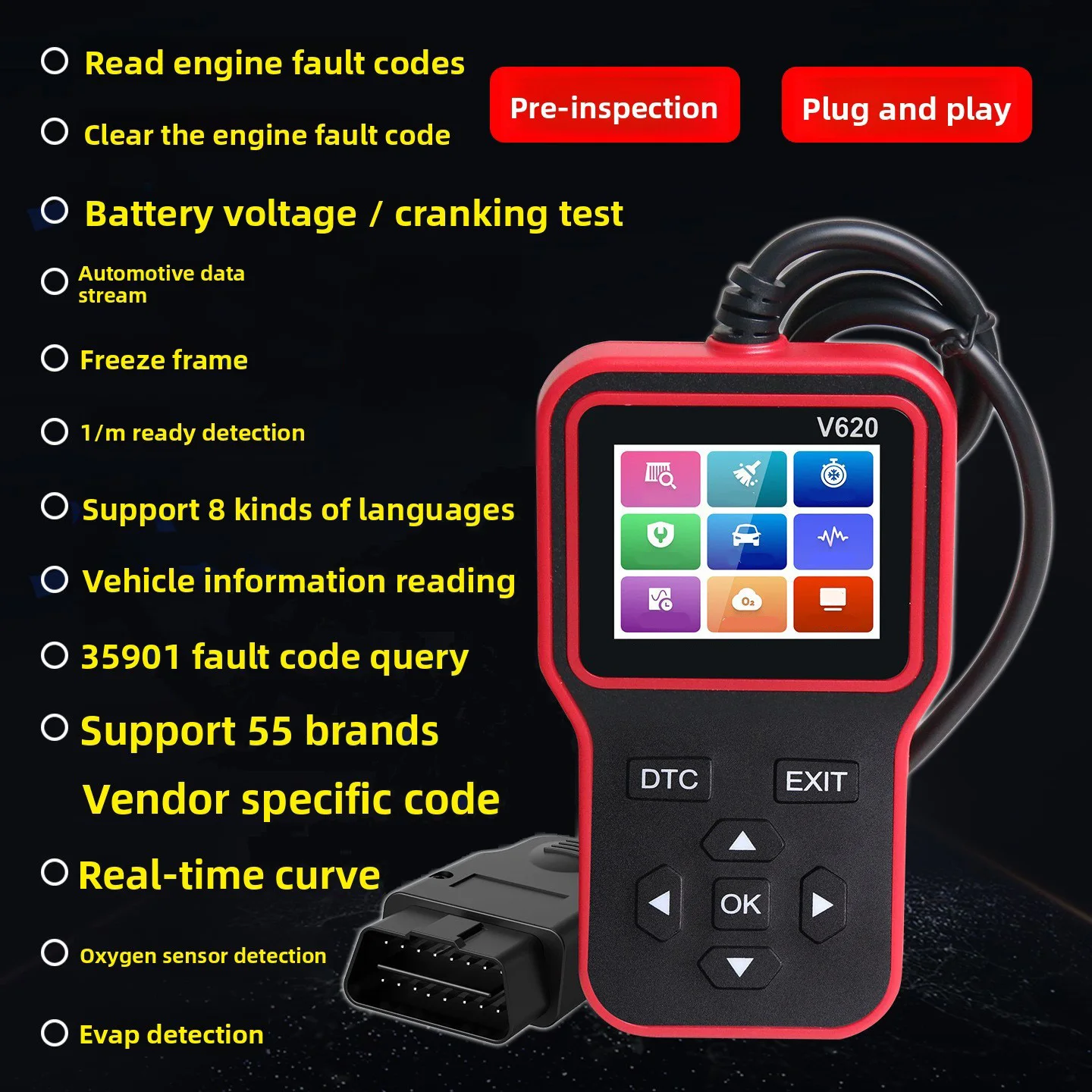 V620 Scanner Engine Fault Code Voltage Data Stream Diagnostic Tool For CAN For OBDII Car Auto Check Engine Light