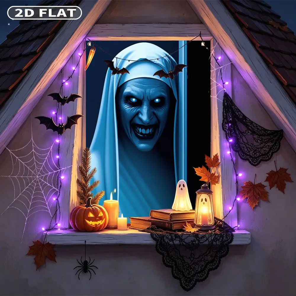 2D FLAT 1pc Party Window Cover Banner, with Scary Nun Face With Glowing Blue Eyes, No Power Need Home Decor