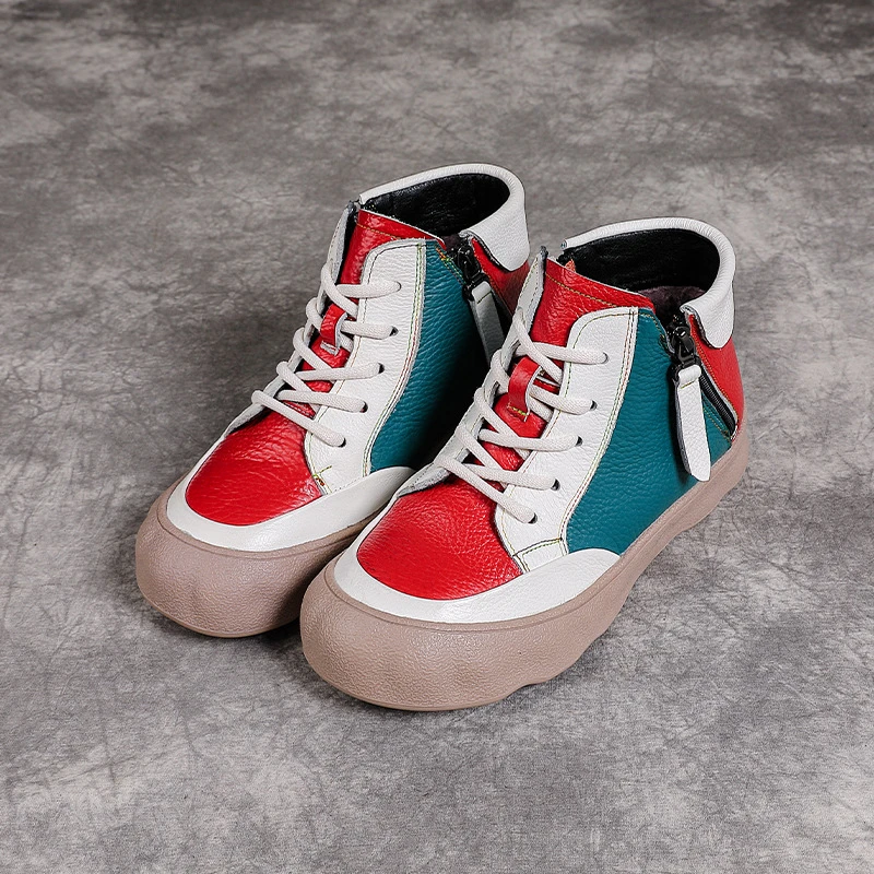Women's Color Block High Top Sneakers for 2026 Woman Retro Casual Ankle Fur Boots With Side Zipper Plus Lace-Up Closure