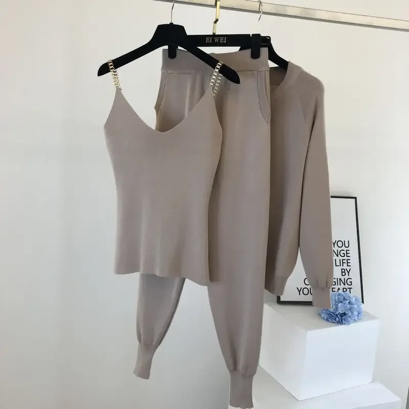 2020 Autumn New Women's Knit Set Casual Zip Cardigan Sweater Knitted Vest Pants 3 Piece Set Female Purple Sweater Set Tracksuits