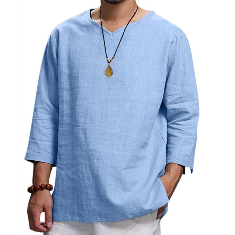 Cotton Linen Hot Sale Men\'s Long-Sleeved Shirts Summer Solid Color Stand-Up Collar Casual Beach Style Plus Size Linen Man Tops