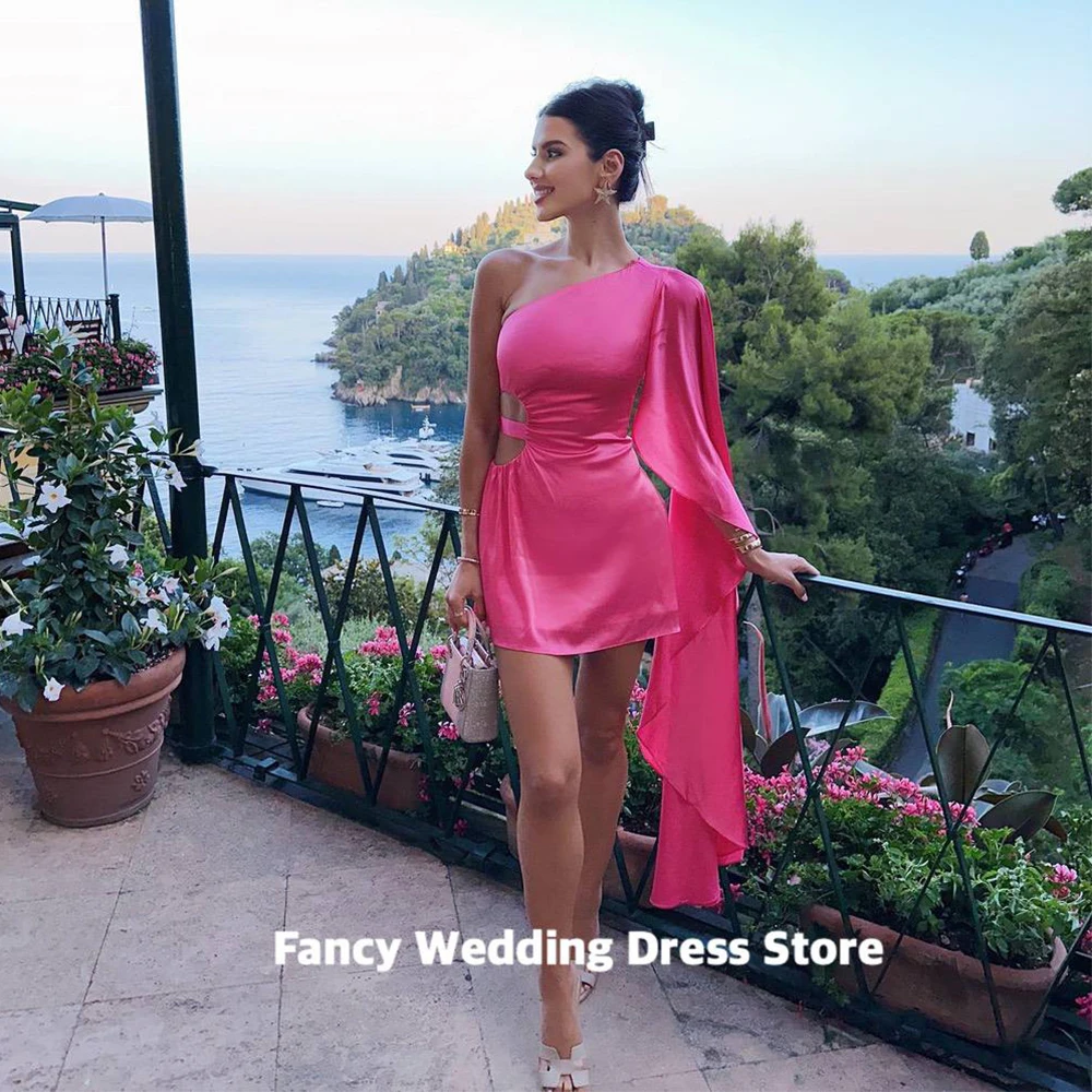 

Fancy Hot Pink Sexy Mini Women Formal Evening Dresses One Shoulder Satin Cocktail Custom Night Prom Gowns Dress Vestidos