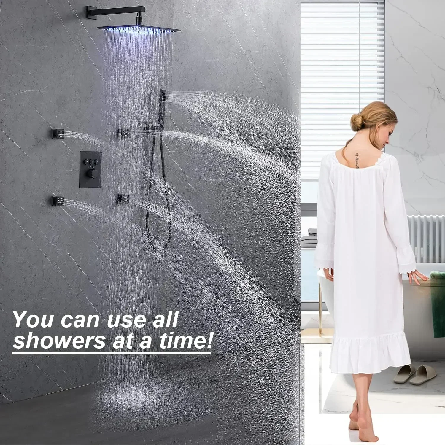 Shower Jets System with Wall Mount 12 Inch Rain Shower Head and Handheld Matte Black Thermostatic Brass Shower Faucet  Set