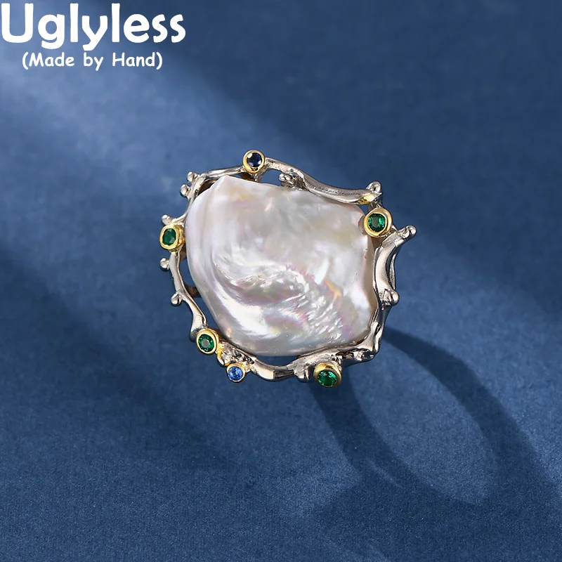 

Uglyless Huge Natural Baroque Pearls Rings for Women Novel Exaggerated Ring 925 Sterling Silver Freshwater Pearl Jewelry Fashion