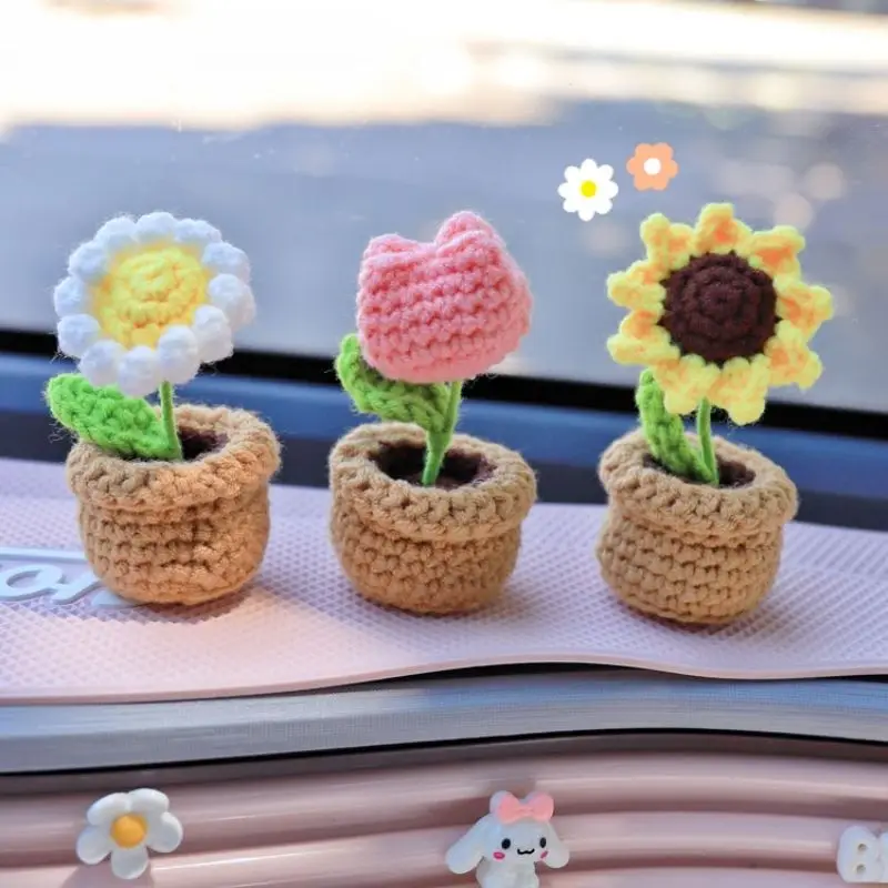 New Car Interior Ornaments DIY Mini Flower Bouquet Hand Woven Wool Creative Auto Center Console Dashboard Decoration Accessories