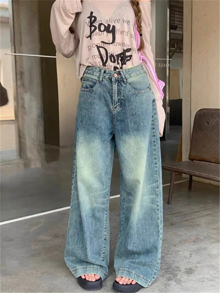 Women's Washing Nostalgia Wide Leg Straight  Jeans Cool Girl Streetwear Trouser Female Casual High Waist Baggy Denim Pants