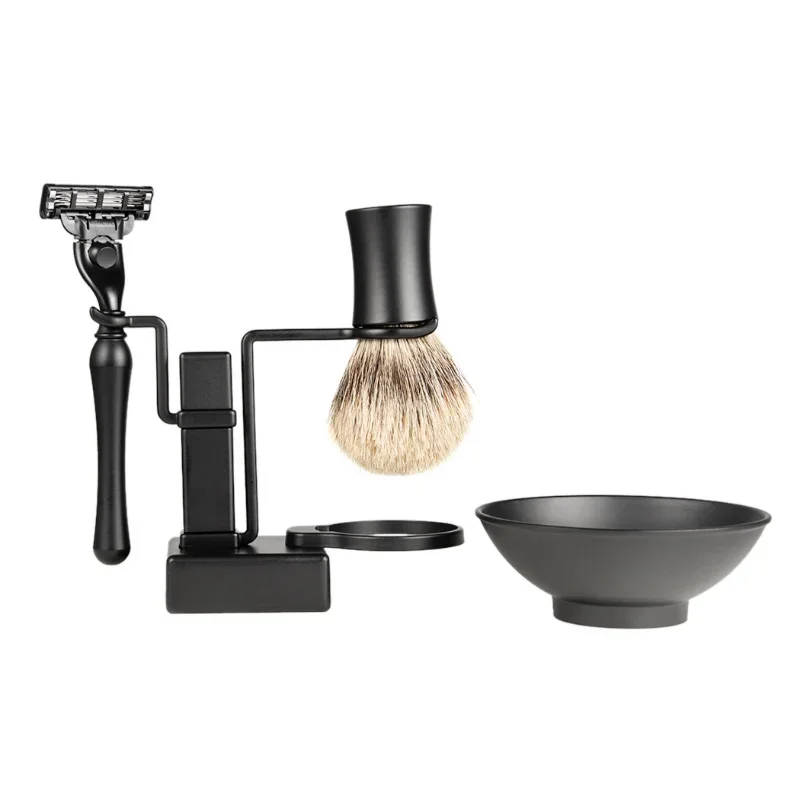 Bathroom Barber Men's Metal Shaving Brush Set - Shaving Frame Frame+Soap Cup Bowl Black