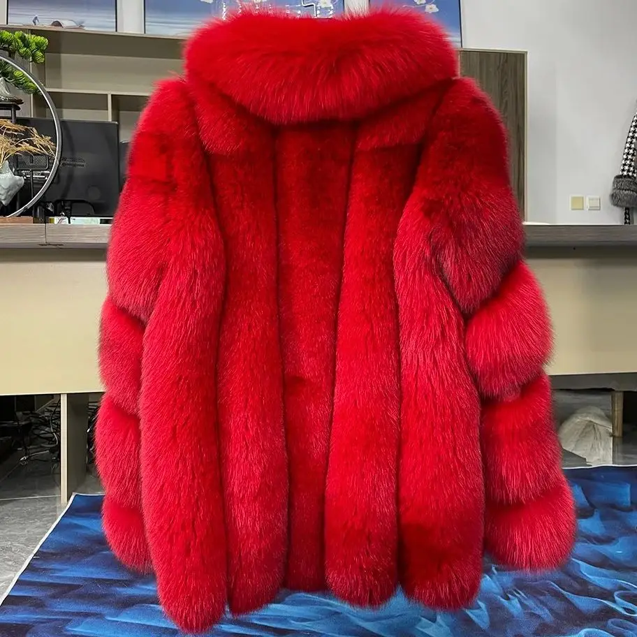 Women\'s Turn-down Collar Real Fox Fur Jacket Long High Quality Natural Fox Fur Coat Winter 2024