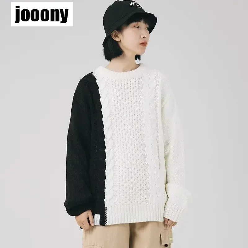 New Round Neck Loose Knit Sweater Pullover Coat Japanese Retro Contrast Color Spliced Sweater Pullover 2023 New Men's Versatile