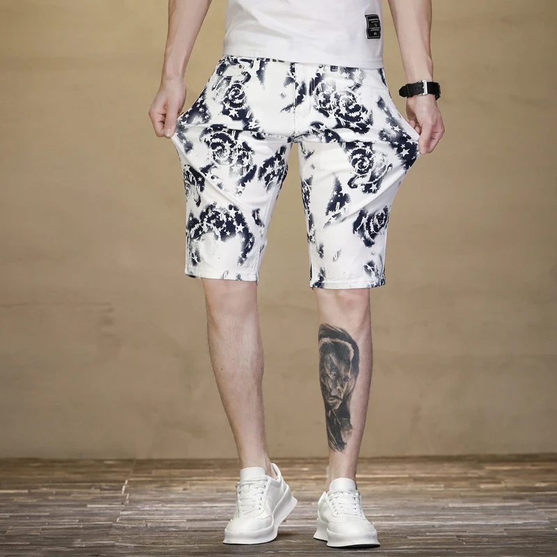 

Summer Thin Denim Shorts Men White Digital XINGX Printed Stretch Slim Straight Personal Leisure Cropped Pants