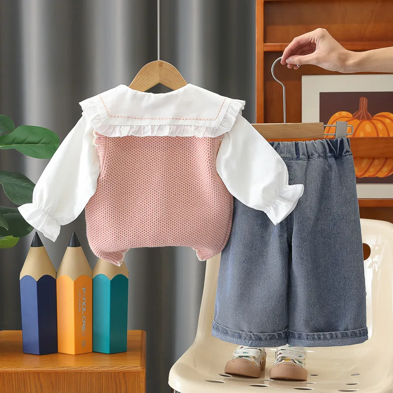 2026 Korean Baby Girl Clothes 3 Piece Set New Spring Autumn Sweet Embroidered Knit Vest + Ruffle Shirt + Bow Jeans Kids Outfits
