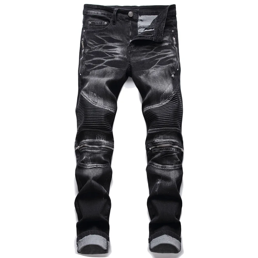 Verontruste Jeans Gescheurde Skinny Mannen Potlood Broek Gaten Enkellange Vintage Denim Wassen Effen Gesplitst 2024 Plooien Moto Biker