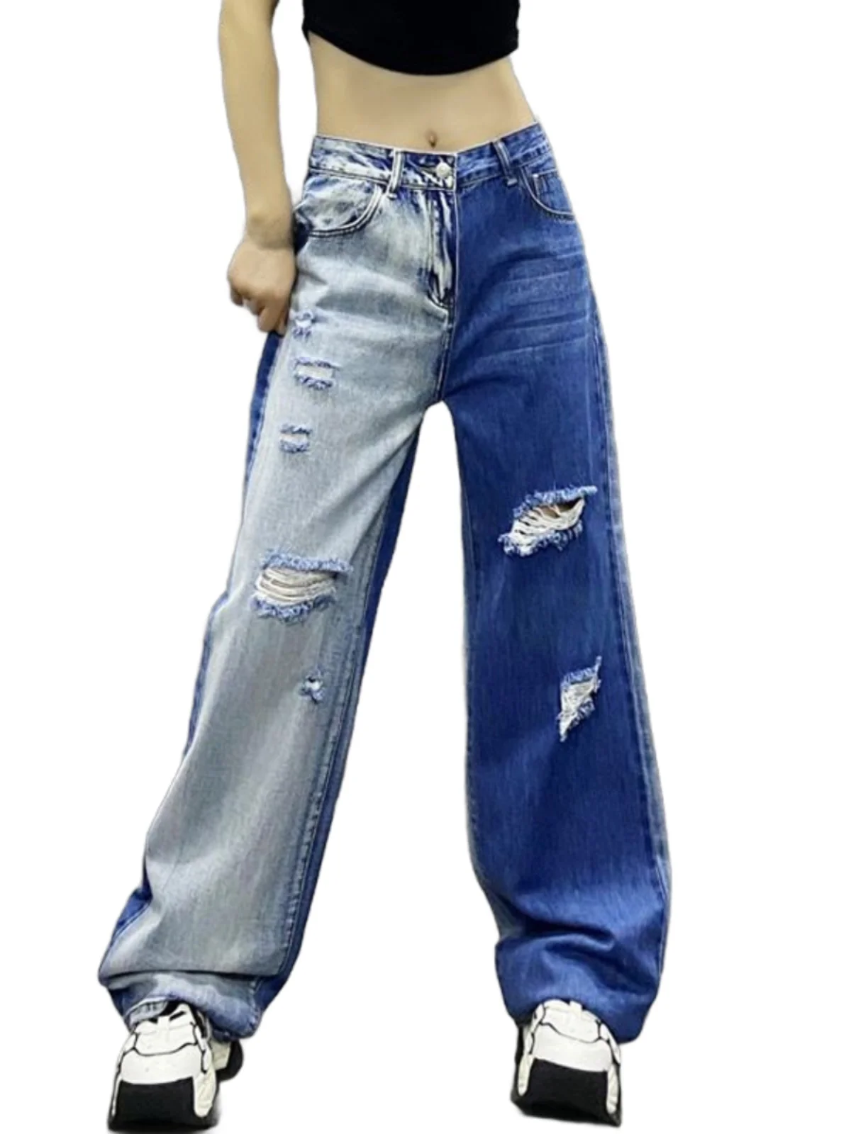 

High Waist Loose Fit Color Block Design Distressed Denim Jeans Women's Spring New Style Casual Wide Leg Pants