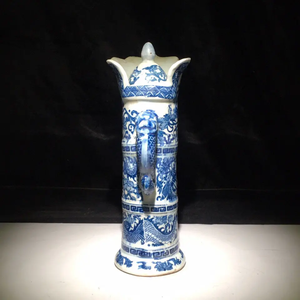 Chinese Antique Porcelain Qing Qianlong Blue and White Dragon Pattern Duomu Pot Decorative Artwork Ornaments