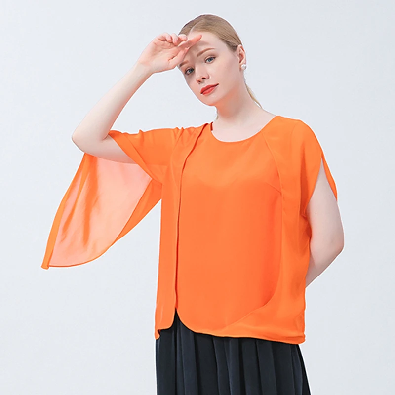 

Silk Orange O-Neck Butterfly Short Sleeve Woman Tshirts Asymmetrical Design Georgette Fashion T-shirt High Quality Tops BE737