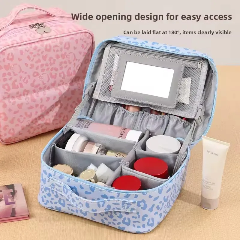 Standing Leopard Print Makeup Bag Large Capacity Partition Design PU Waterproof Hanging Travel Handheld Storage Bag for Women