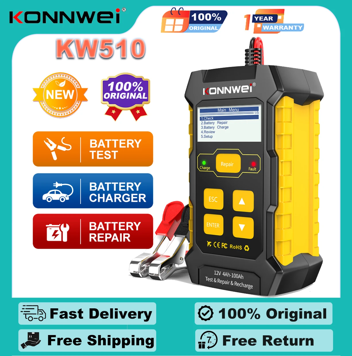 

KONNWEI KW510 OBD2 Full Automatic Car Repair Tool For 12V Car Battery Pulse Repairs 5A Chargers Wet Dry AGM Gel Lead Acid Test