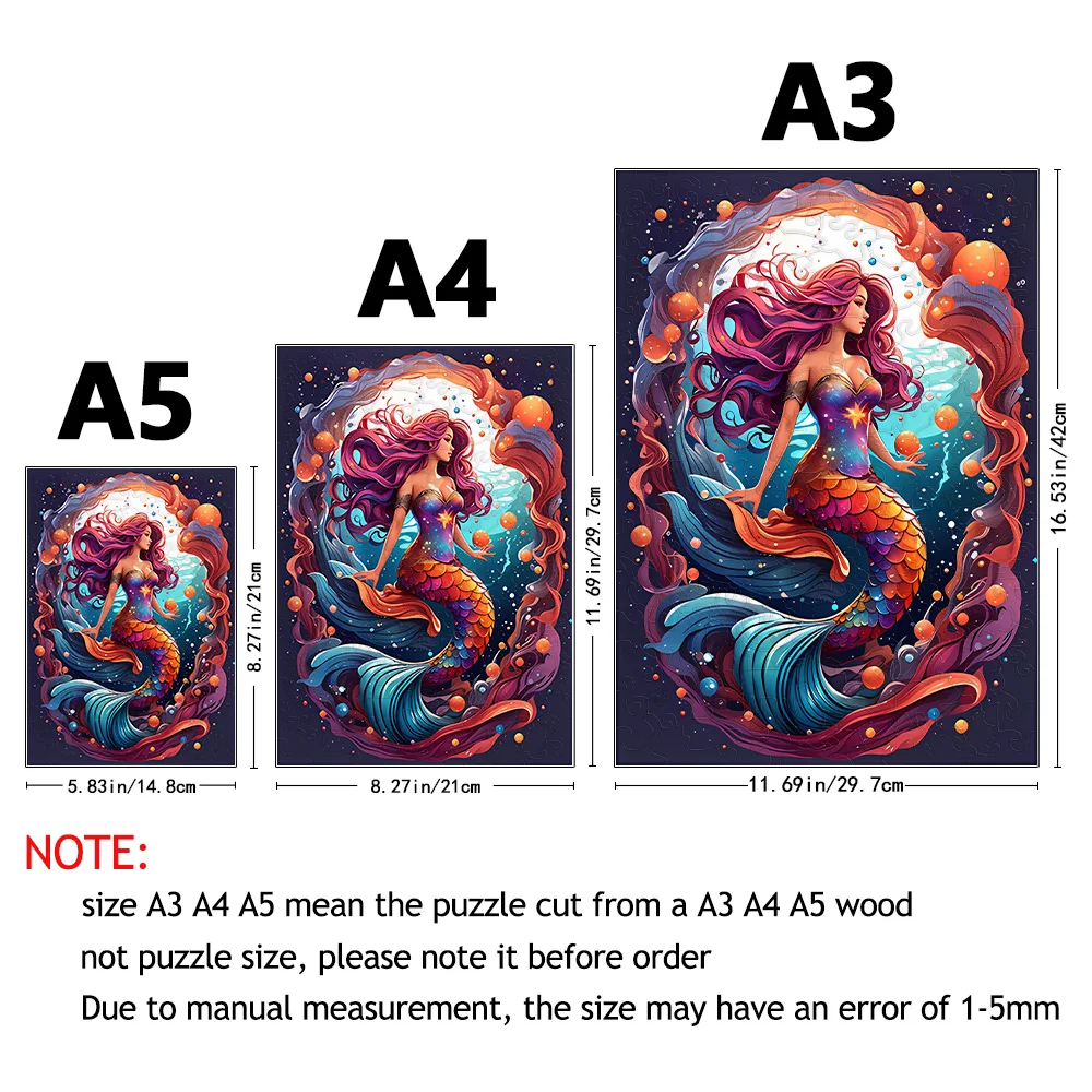 Mermaid wooden puzzle with special shapes, adult stress relieving circular magic, unique irregular animal wooden puzzle