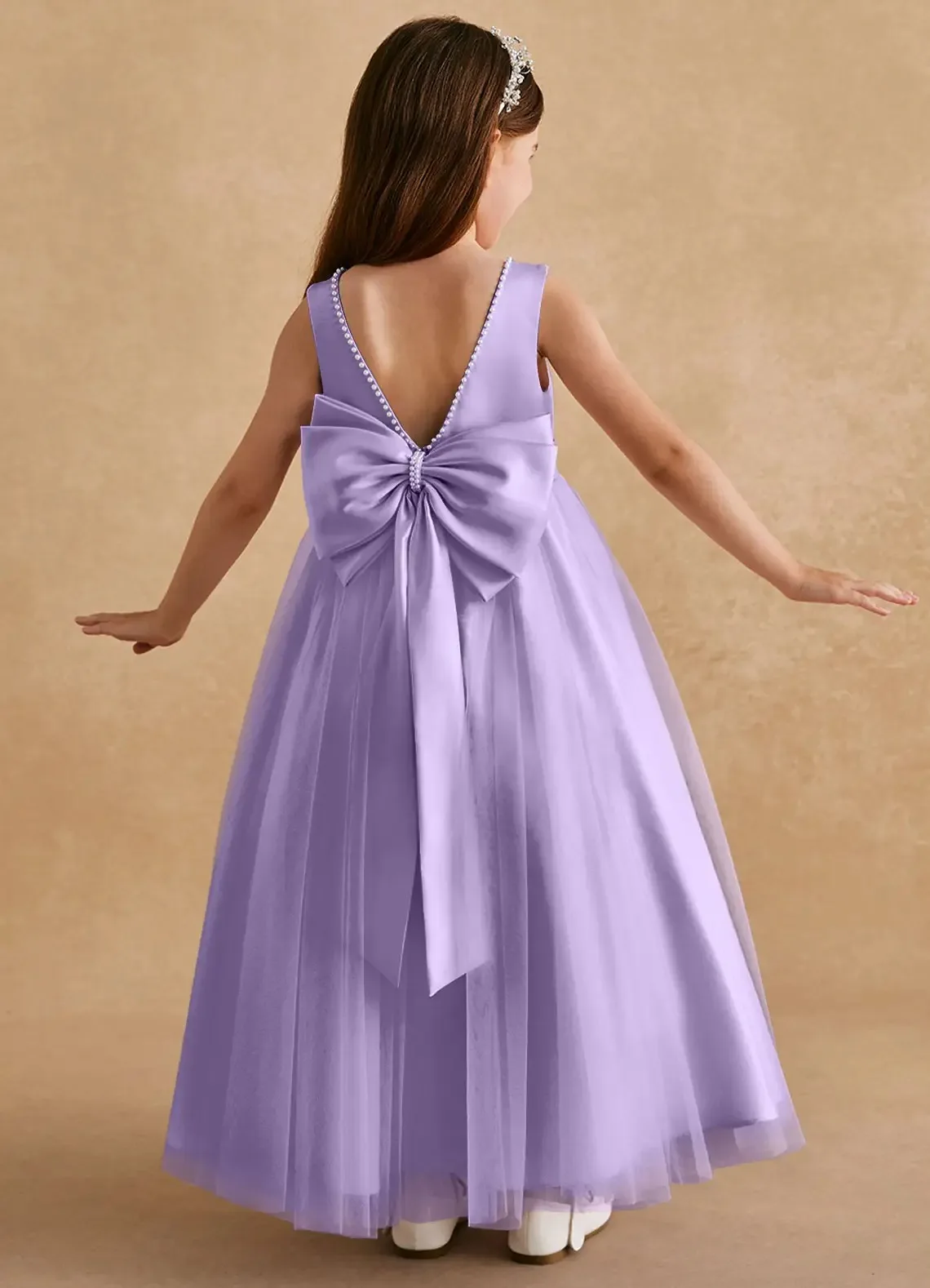 Cswdocy Delicate Pageant Dress Pearl Neckline Satin Bodice Tulle Long Skirt With Back Bow Flower Girl Dress For Wedding Formal