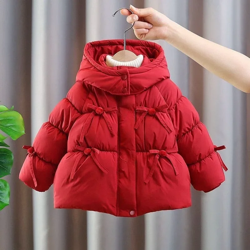 

Sweet Girls Cotton Padded Coat Winter Thicken Warm Hooded Parkas Bow Solid Color Puffer Jacket 2-6 Years Kids Snowsuit