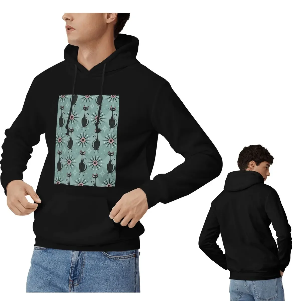 Mid Century Cats And Clocks Hoodies Men's Women Casual Pullover Sweatshirt Hip Hop Long Sleeve Streetwear Autumn Winter